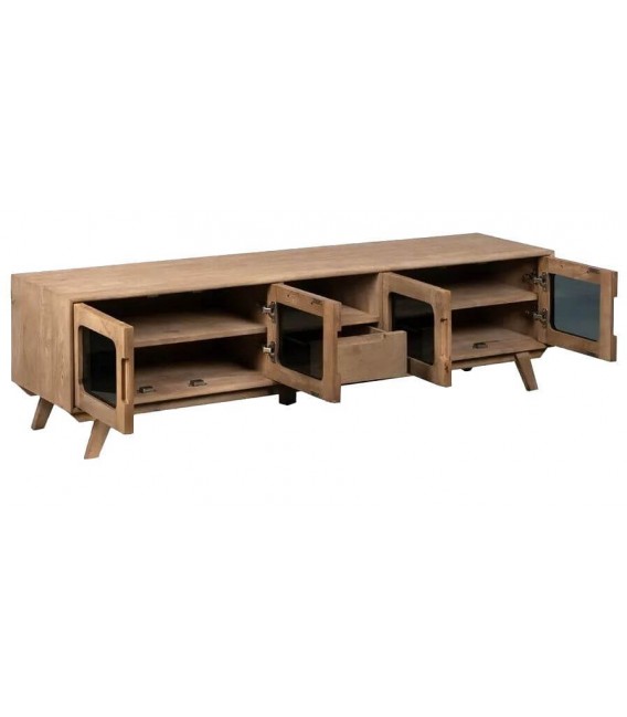 Mueble TV boho en madera natural y cristal ahumado elegante. 2