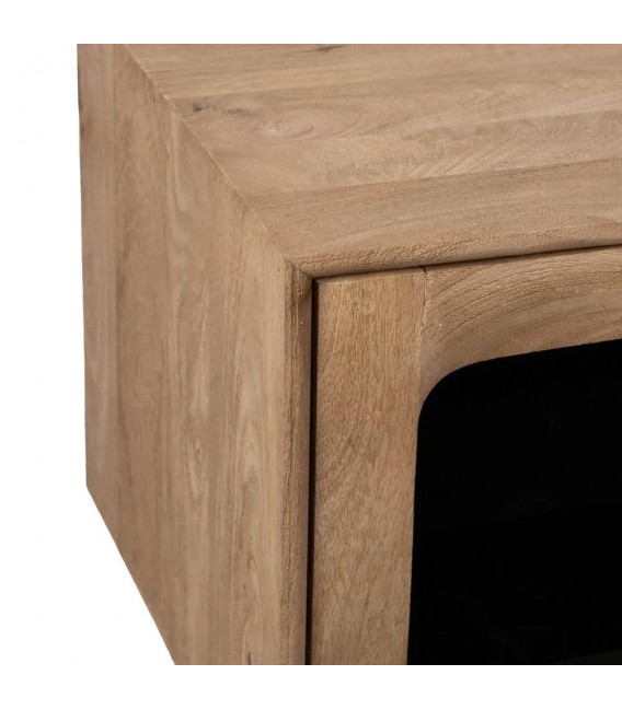 Mueble TV boho en madera natural y cristal ahumado elegante. 3