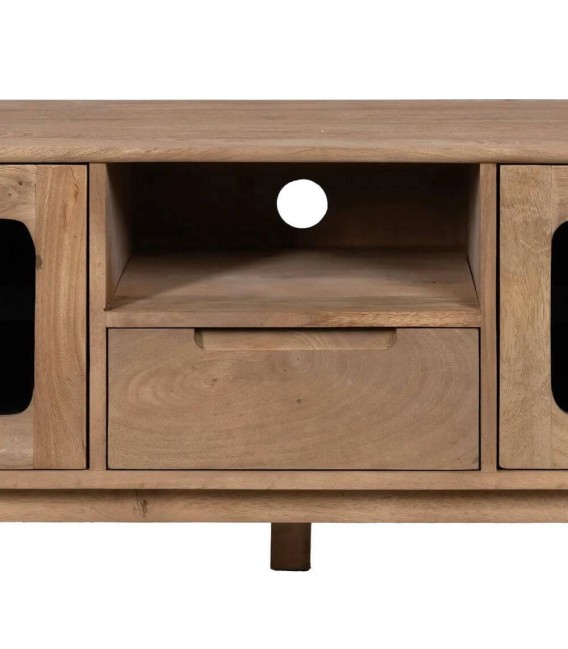 Mueble TV boho en madera natural y cristal ahumado elegante. 4