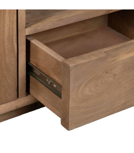 Mueble TV boho en madera natural y cristal ahumado elegante. 5