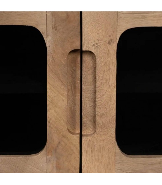 Mueble TV boho en madera natural y cristal ahumado elegante. 7