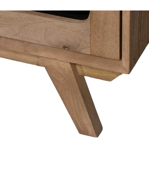 Mueble TV boho en madera natural y cristal ahumado elegante. 8