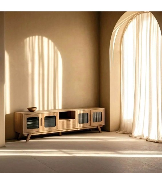 Mueble TV boho en madera natural y cristal ahumado elegante. Mdmhogar