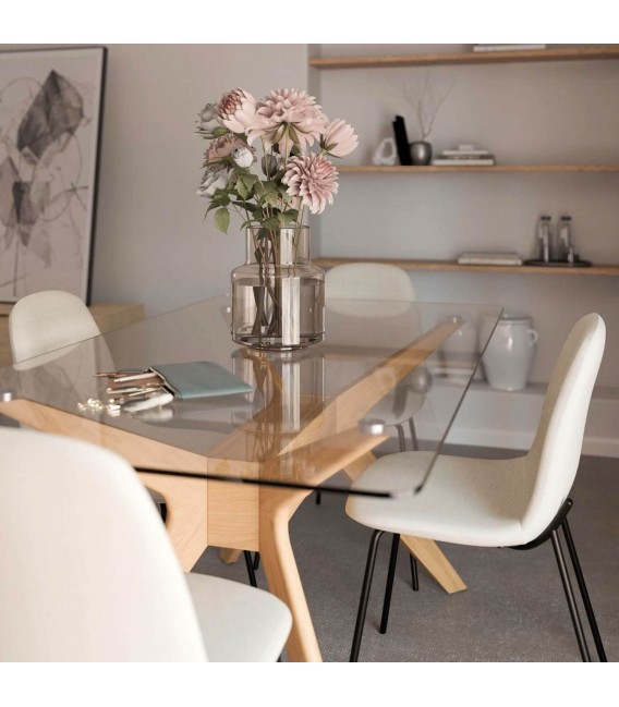 Mesa comedor rectangular madera hevea teñida roble natural y cristal. 2