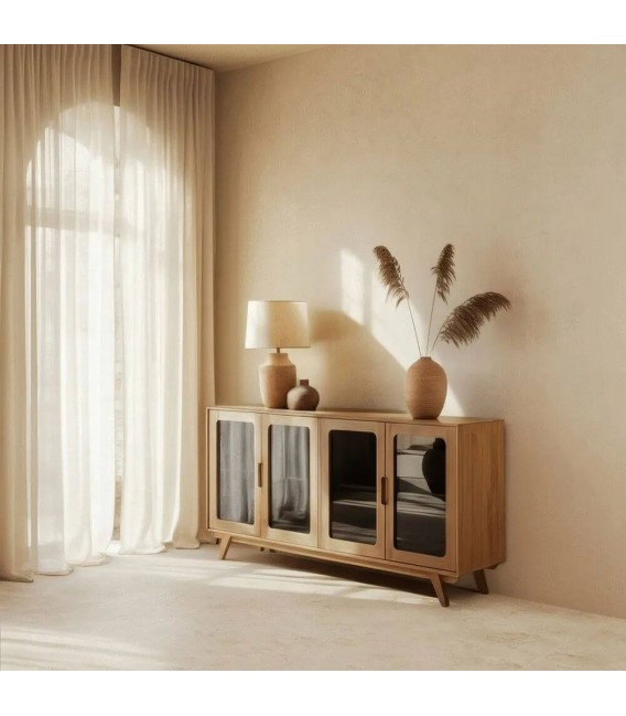 Aparador boho de mango natural con frentes en cristal ahumado. Mdmhogar