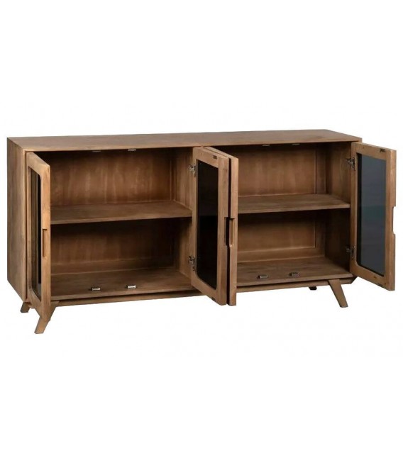 Aparador boho de mango natural con frentes en cristal ahumado. 1