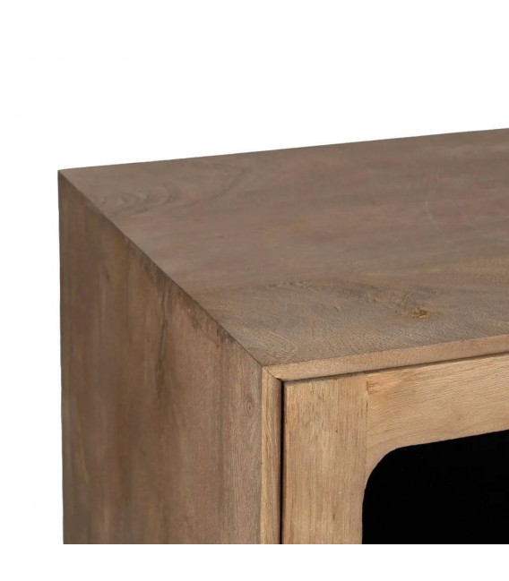 Aparador boho de mango natural con frentes en cristal ahumado. 2