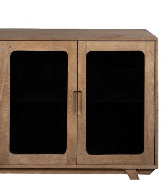 Aparador boho de mango natural con frentes en cristal ahumado. 3