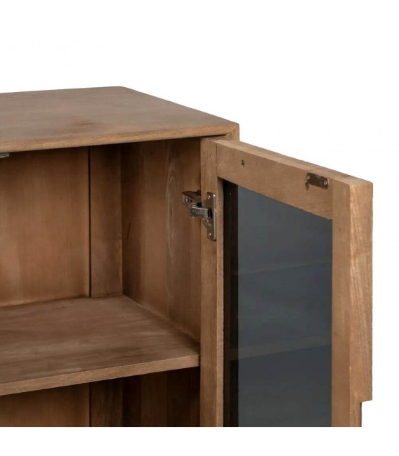 Aparador boho de mango natural con frentes en cristal ahumado. 4