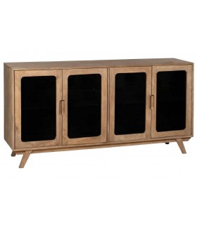 Aparador boho de mango natural con frentes en cristal ahumado.