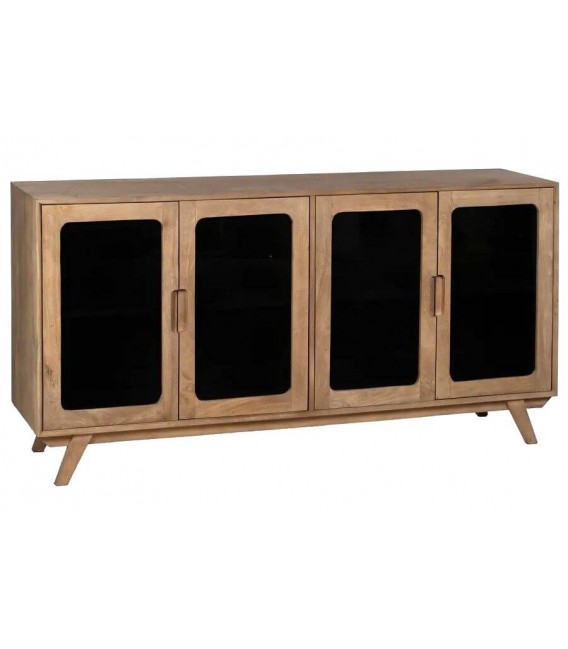 Aparador boho de mango natural con frentes en cristal ahumado.