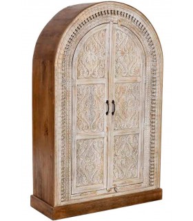 Armario alacena étnico en mango tallado blanco roto y nogal.