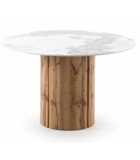 Mesa comedor redonda fija contemporánea MDF roble y tapa porcelánica.