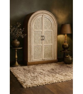 Armario alacena étnico en mango tallado blanco roto y nogal. Mdmhogar