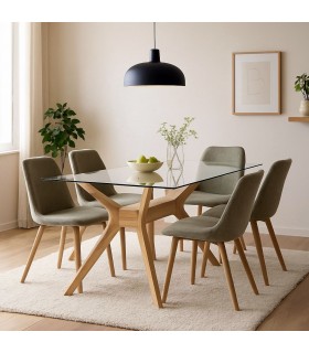 Mesa comedor rectangular madera hevea teñida roble natural y cristal. Mdmhogar