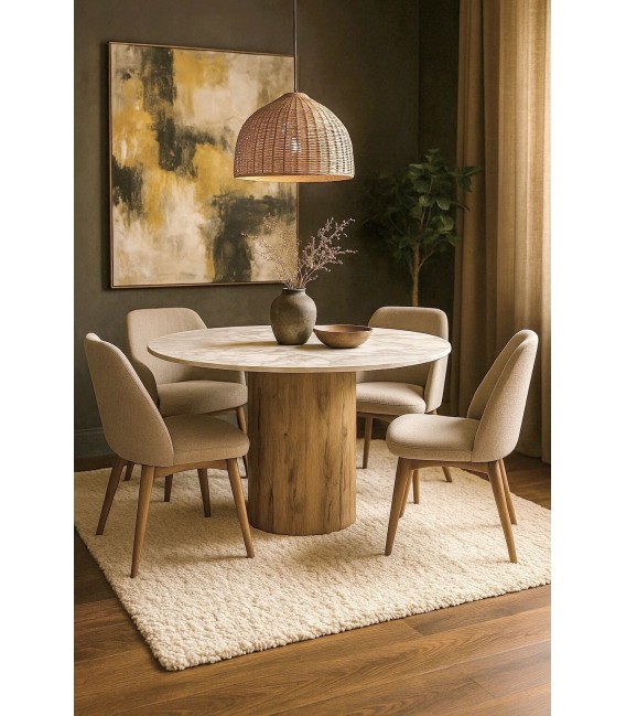 Mesa comedor redonda fija contemporánea MDF roble y tapa porcelánica. Mdmhogar