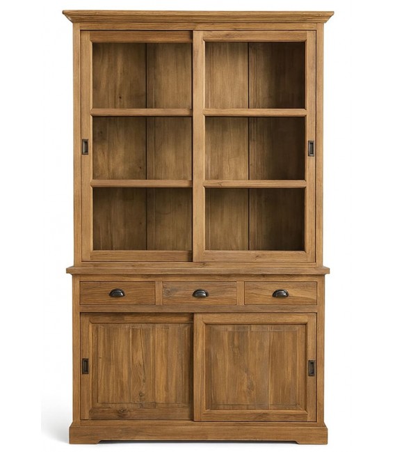 Vitrina XL clásica en teca maciza con puertas correderas y cajones. 1