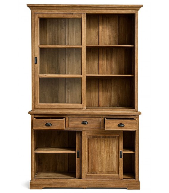 Vitrina XL clásica en teca maciza con puertas correderas y cajones. 2