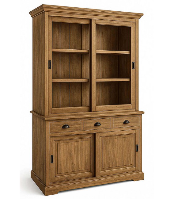 Vitrina XL clásica en teca maciza con puertas correderas y cajones.