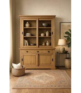 Vitrina XL clásica en teca maciza con puertas correderas y cajones.  Mdmhogar