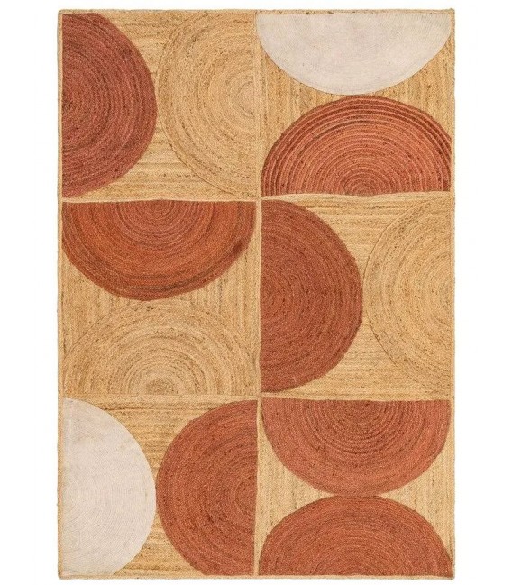 Alfombra rectangular boho de yute en tonos natural, teja y blanco roto.