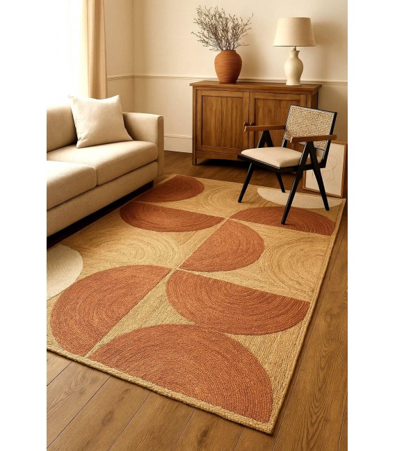 Alfombra rectangular boho de yute en tonos natural, teja y blanco roto. Mdmhogar