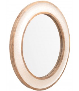 Espejo redondo de teca y nácar blanco brillo, estilo boho chic. 1