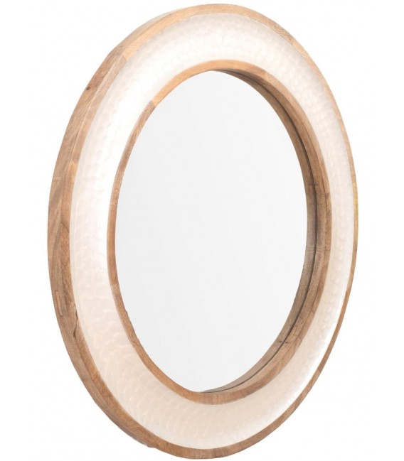 Espejo redondo de teca y nácar blanco brillo, estilo boho chic. 1