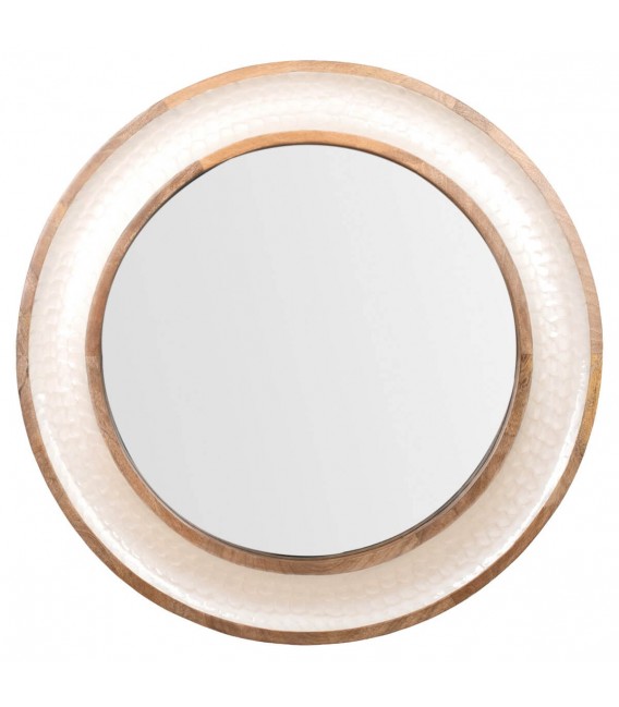 Espejo redondo de teca y nácar blanco brillo, estilo boho chic.