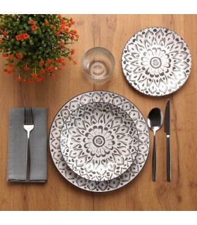 Vajilla completa 18 piezas porcelana blanca y gris estilo clásico. Mdmhogar