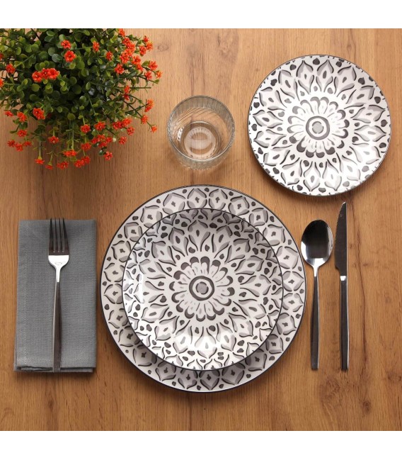 Vajilla completa 18 piezas porcelana blanca y gris estilo clásico. Mdmhogar