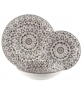 Vajilla completa 18 piezas porcelana blanca y gris estilo clásico. 1