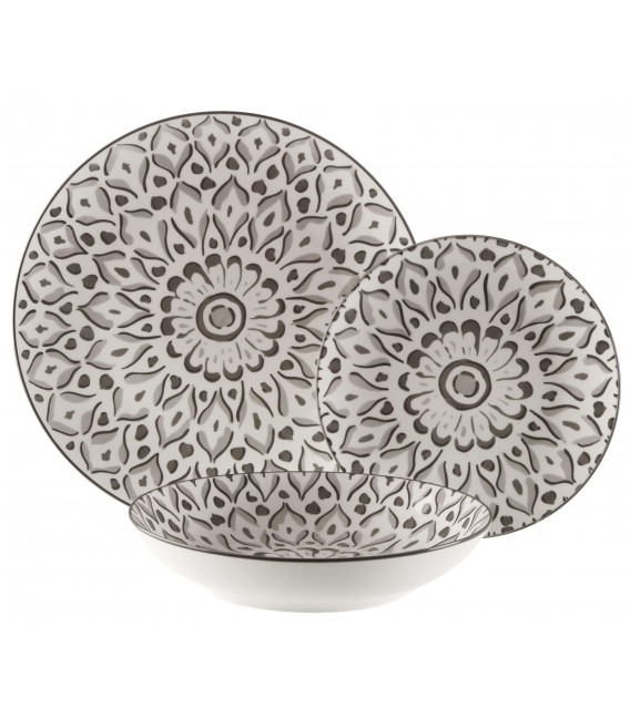 Vajilla completa 18 piezas porcelana blanca y gris estilo clásico. 1