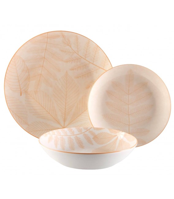 Vajilla porcelana beige y blanco estilo boho de 18 piezas única.