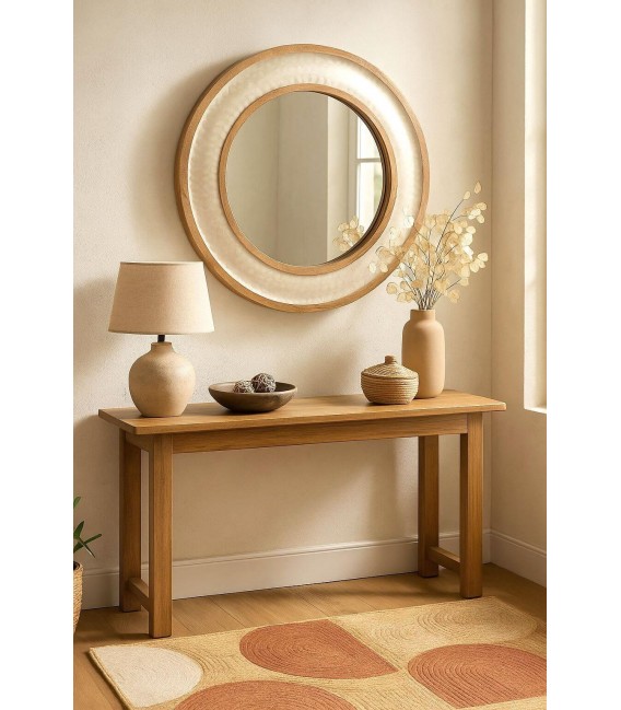 Espejo redondo de teca y nácar blanco brillo, estilo boho chic. Mdmhogar