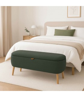 Banco pie de cama nórdico verde con baúl y patas de madera natural. Mdmhogar