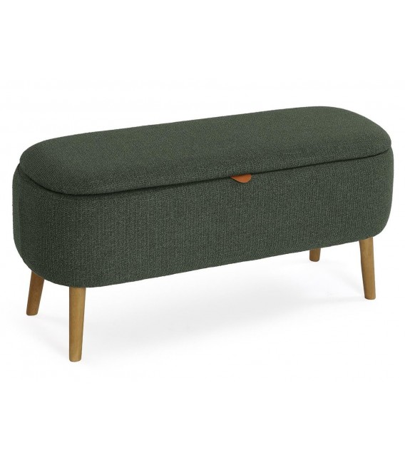 Banco pie de cama nórdico verde con baúl y patas de madera natural. 1