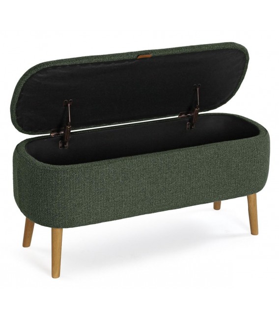 Banco pie de cama nórdico verde con baúl y patas de madera natural. 3