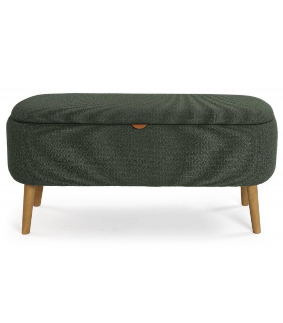 Banco pie de cama nórdico verde con baúl y patas de madera natural. 2