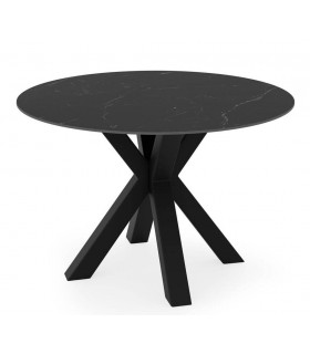 Mesa redonda contemporánea en metal negro y porcelánico mármol.