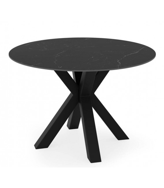Mesa redonda contemporánea en metal negro y porcelánico mármol.