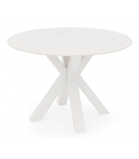 Mesa comedor redonda contemporánea en metal blanco y porcelánico. 1