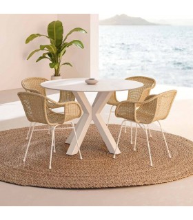 Mesa comedor redonda contemporánea en metal blanco y porcelánico. Mdmhogar