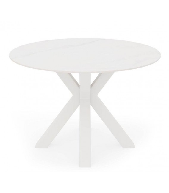 Mesa comedor redonda contemporánea en metal blanco y porcelánico.