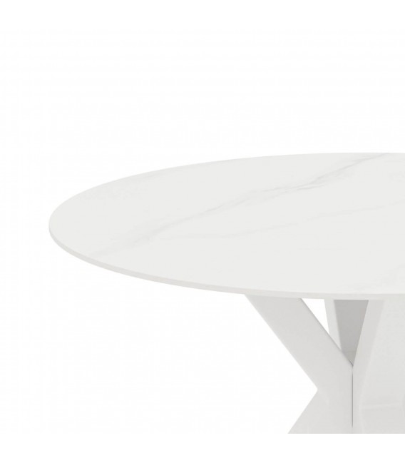 Mesa comedor redonda contemporánea en metal blanco y porcelánico. 2