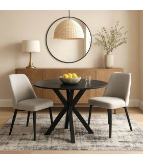 Mesa redonda contemporánea en metal negro y porcelánico mármol. Mdmhogar