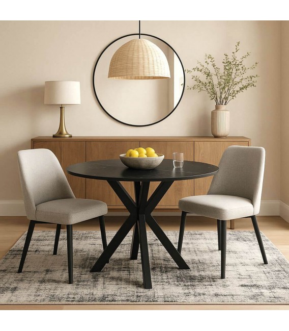 Mesa redonda contemporánea en metal negro y porcelánico mármol. Mdmhogar