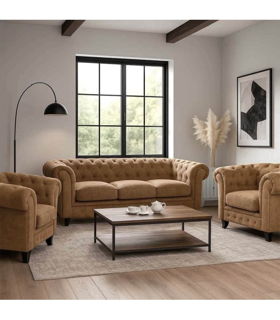 Sofá chester 3 plazas en polipiel camel con patas madera negras. Mdmhogar