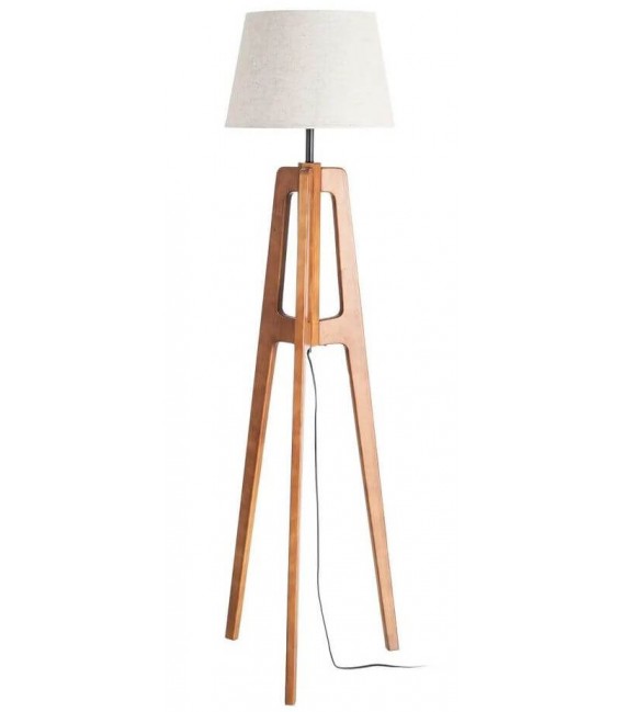 Lámpara de pie contemporánea en madera cerezo y pantalla lino crudo.