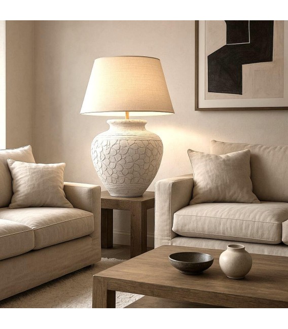 Lámpara boho XXXL de terracota blanca y pantalla de yute natural. Mdmhogar